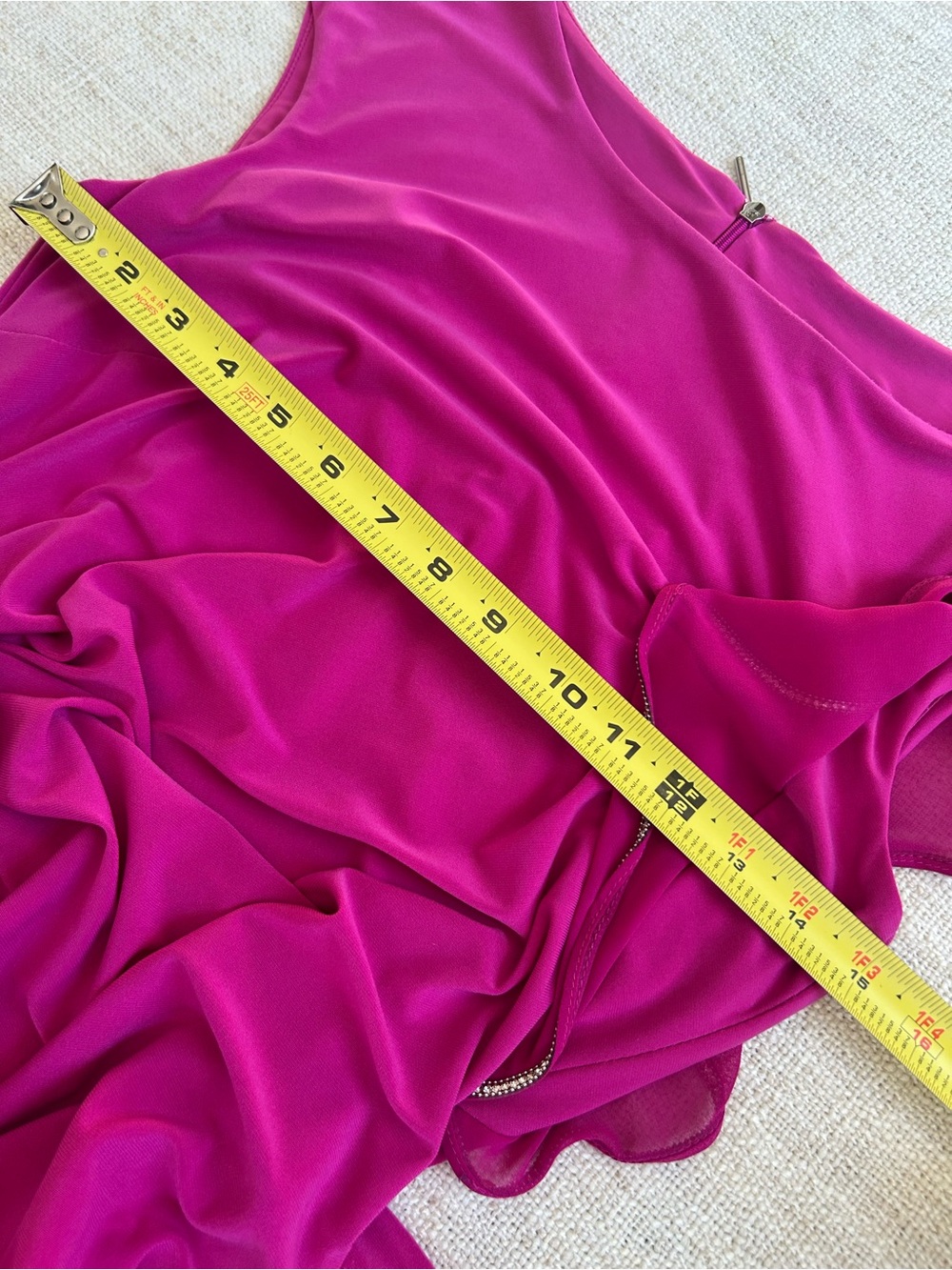 Joseph Ribkoff Magenta Rhinestone Asymmetrical Ruffle Lined Cocktail Dress | US - Picture 14 of 16